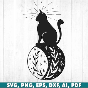 Katze Himmelsmond, Mystisch Surreal Tattoo Schwarz Weiß SVG, Png, Eps, Dxf, Cricut, Clipart, Sublimation, Vektor Digital Download