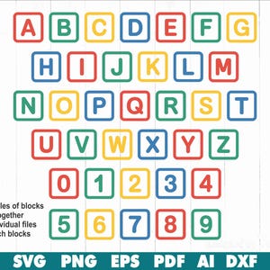 Może przedstawiać: Kolorowe bloki z alfabetem i cyframi w kolorach czerwonym, zielonym, niebieskim i żółtym. Każdy blok zawiera literę lub cyfrę w kwadratowej ramce. Obraz zawiera litery od A do Z oraz cyfry od 0 do 9. Obraz zawiera również tekst "SVG PNG EPS PDF AI DXF".