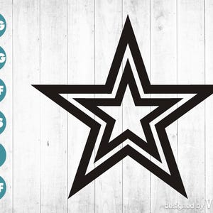 May include: Black and white star design. The star has a layered effect, with a white inner star and a black outline. The background is a white wood grain pattern. The image also includes icons for SVG, PNG, PDF, EPS, AI, and DXF file formats.