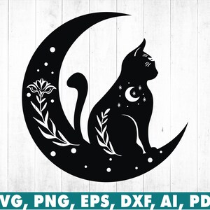 Katze Mond Celestial, Mystisch Surreal Spirituell Schwarz Weiß SVG, Png, Eps, Dxf, Cricut, Clipart, Sublimation, Vektor Digital Download