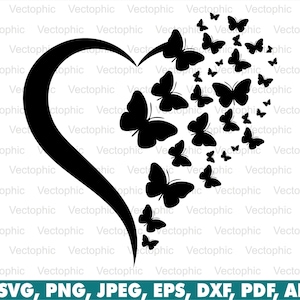 Love Butterflies Svg, Heart, Butterfly, png, vetor, design, cricut, sublimação, clipart, silhueta, dxf, imagem, decalques, download instantâneo