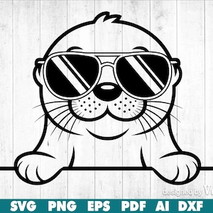 May include: A monochrome illustration of a seal wearing sunglasses, smiling and peeking over a line. The image has the words "SVG PNG EPS PDF AI DXF" at the bottom. The design is by Vectophic.