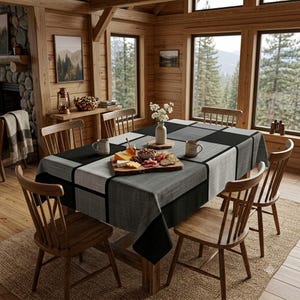 May include: A rectangular dining table covered with a tablecloth featuring a large-scale geometric grid pattern in shades of black, gray, and white. The table is surrounded by six wooden spindle-back chairs and holds a wooden serving board.
