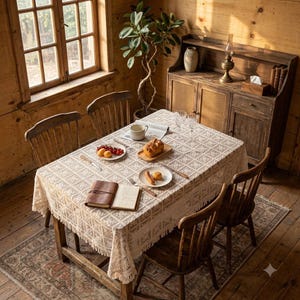 May include: A rectangular wooden dining table covered with a cream-colored lace tablecloth featuring a grid pattern and fringed edges. The table is set with a white plate of fruit, a plate with bread, a leather-bound journal, and silverware.