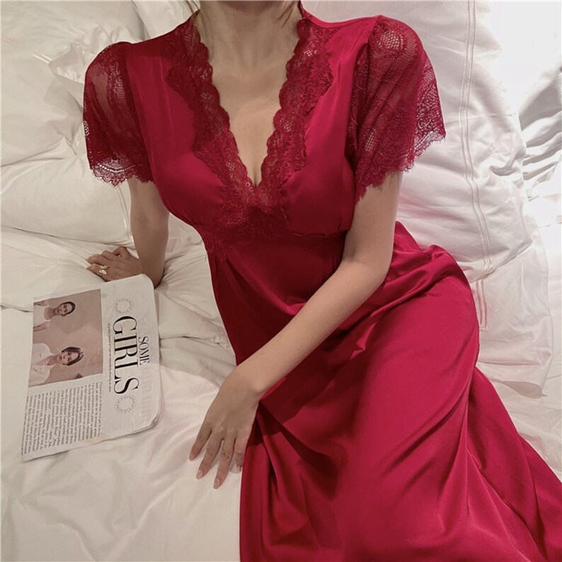Summer Satin night Dress Short Sleeve sleepdress Women Sleepwear With