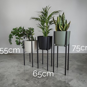 Può includere: Tre supporti per piante da interno con gambe in metallo nero. I supporti contengono piante in vasi bianchi, neri e verde salvia. I supporti sono alti 55 cm, 65 cm e 75 cm. Le piante includono una pianta verde fogliosa, una pianta simile a una palma e una sansevieria.