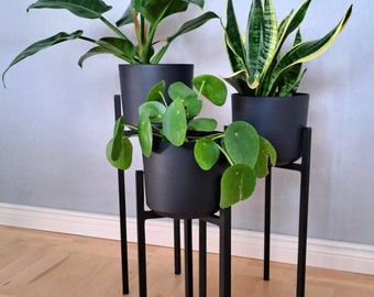 Plant stand with pot 18 cm, plant holder, metal, loft, flowerbed, plant rack, pot, white, anthracite, concrete effect, 3 legs