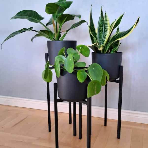 Plant stand with pot 18 cm, plant holder, metal, loft, flowerbed, plant rack, pot, white, anthracite, concrete effect, 3 legs