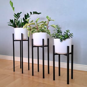 Può includere: Tre vasi di piante in ceramica bianca su supporti in metallo nero. I supporti sono di altezze diverse e i vasi sono pieni di piante verdi.