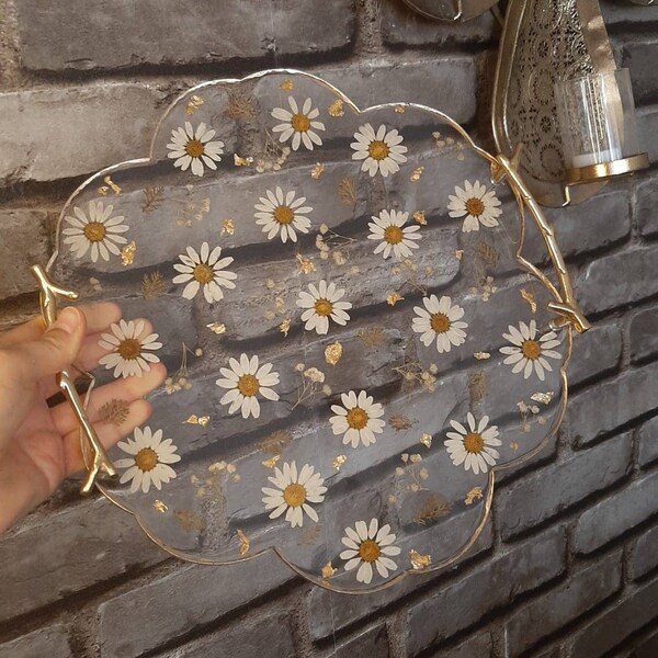 Plateau et sous-verre en résine époxy fabriqués à la main avec marguerites séchées, plateau en époxy et ensemble de dessous de verre, adorable pour cadeau, "Daisy Love"