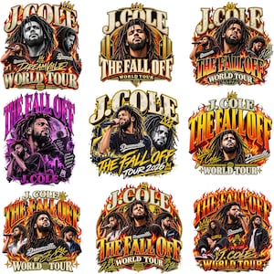 May include: A collection of nine graphic designs featuring J. Cole, with text including J. Cole, The Fall Off, and World Tour. The designs incorporate flames, crowns, and concert imagery in various color palettes including red, orange, and purple.