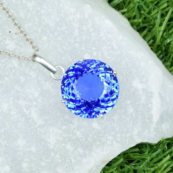 46 Cts Blue Tanzanite Round Shape Loose Gemstone Pendent, 925 Sterling Silver Necklace, Blue Stone Women Necklace, Valentine Day Gift.