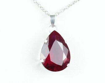 Red Ruby 925 Sterling Silver Necklace, Faceted Gemstone Pendant, Handmade Jewelry, Vintage Jewelry, July Birthstone Pendant, Gift For Her