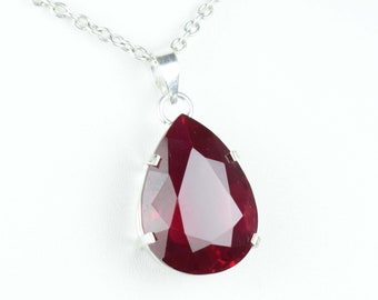 Red Ruby 925 Sterling Silver Necklace, Faceted Gemstone Pendant, Handmade Jewelry, Vintage Jewelry, July Birthstone Pendant, Gift For Her
