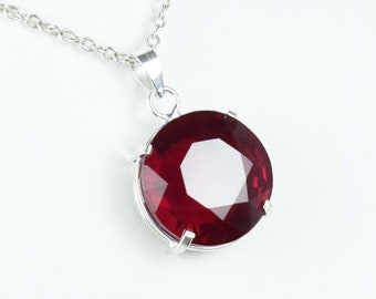 80 Ct. Beautiful Red Ruby Gemstone Necklace, Ruby Round Cut Pendant, Genuine Red Ruby Stone Pendant, Red Ruby 925 Sterling Silver Necklace.
