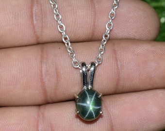 Vintage Genuine Green Star Sapphire Jewelry- Natural Star Sapphire 925 Sterling Silver Pendant - Women's Necklace, Classic Gemstone Jewelry.