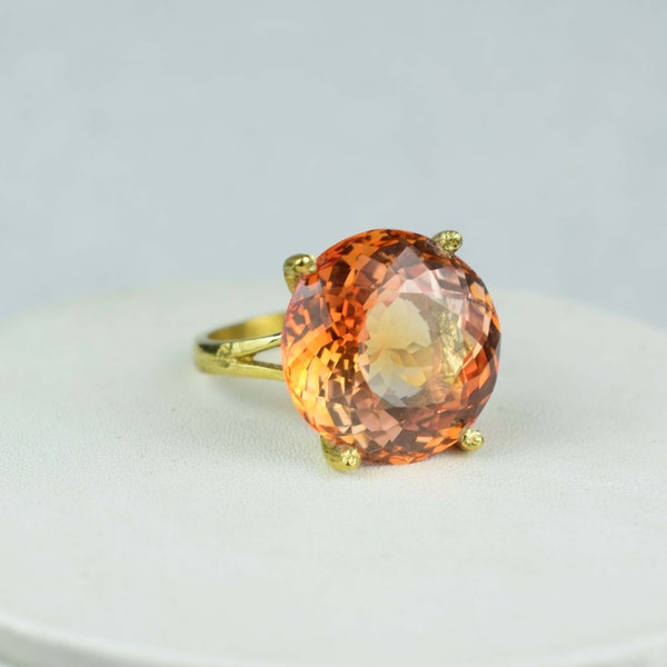 Natural Orange Sapphire Round Cut Gold Plated Ring / AAA Quality Orange Sapphire 925 Sterling Silver Ring / Charismas Gift For Woman's.