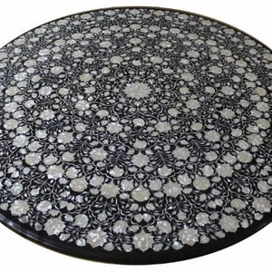 72" Round Black Marble Inlay Table Top With The Beautiful Floral Work/ Dinning Center Table Top