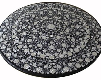 72" Round Black Marble Inlay Table Top With The Beautiful Floral Work/ Dinning Center Table Top