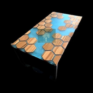 Ready to Ship Wooden Hexagon Honeycomb crafted Epoxy Dining Table Top center Table Epoxy Resin River Table Natural Wood Table