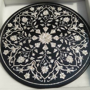 White Mother Pearl Black Marble Table with semi precious stones inlay work Home Décor & Office Furniture
