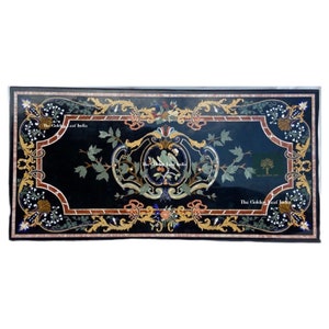 Pietra Dura Table, Black Marble Inlay Table Top With The Beautiful Semi Precious Stone Inlay Work, Dining Table, Semi Precious Inlay,