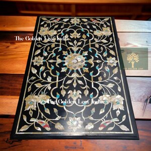 Black Pietra Dura Table, Marble Inlay Table Top With The Beautiful Semi Precious Stone Inlay Work, Dinning Center Table, Semi Precious Inlay
