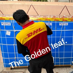 May include: A person wearing a DHL uniform stands near a large blue crate secured with netting. The crate is labeled with "Fragile" and "Handle with Care" warnings. The DHL uniform is yellow, red, and black.