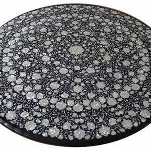 Round Black Marble Inlay Table Top With The Beautiful Floral Work/ Dinning Center Table Top