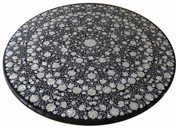Round Black Marble Inlay Table Top With The Beautiful Floral Work/ Dinning Center Table Top