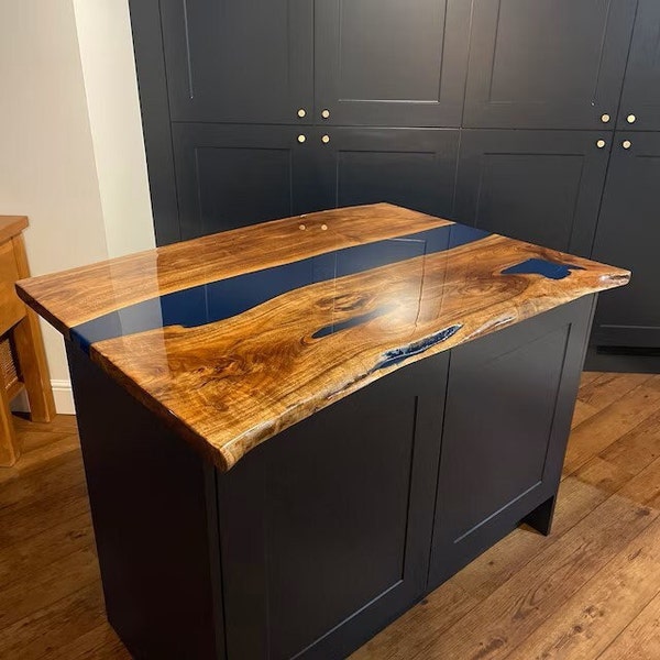 Blue Epoxy Kitchen Counter Table Top Resin River Table Natural Wood Kitchen Island Counter