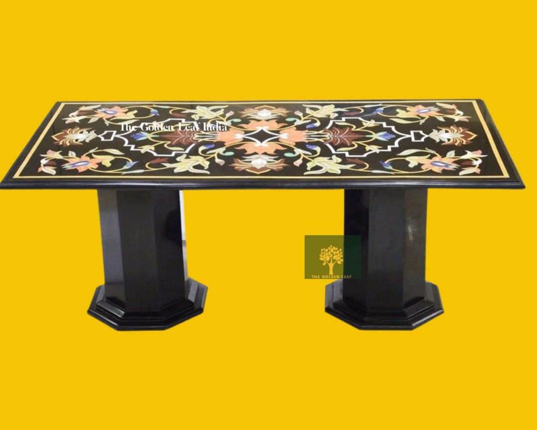 Pietra Dura Table, Black Marble Inlay Table Top With the Beautiful