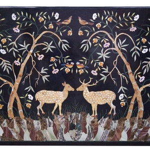 Pietra Dura Table, Black Marble Inlay Table Top With The Beautiful Semi Precious Stone Inlay Work, Dinning Center Table, Semi Precious Inlay