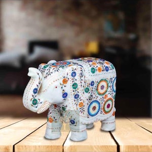 8 inches White Marble Inlay work Elephant good luck charm for Home Decor