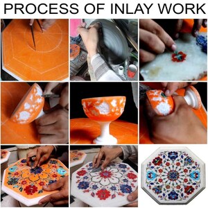 May include: A step-by-step process of creating intricate inlay work on a white marble surface. The images show the process of carving, inlaying, and polishing the marble to create a beautiful design. The final image shows a finished octagonal table with a colorful floral pattern.