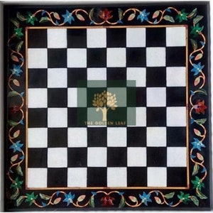 Black Square Marble Chess Table Top Inlay Work Semi Precious Stones Handmade Pietra Dura Home Decor