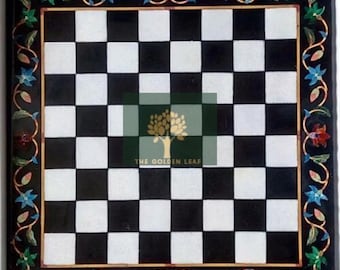 Zwart Vierkant Marmeren Schaaktafelblad Inlegwerk Halfedelstenen Handgemaakte Pietra Dura Home Decor