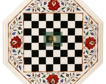 Red Floral Marble Chess Table Top Inlay Work Semi Precious Stones Handmade Pietra Dura Home Decor