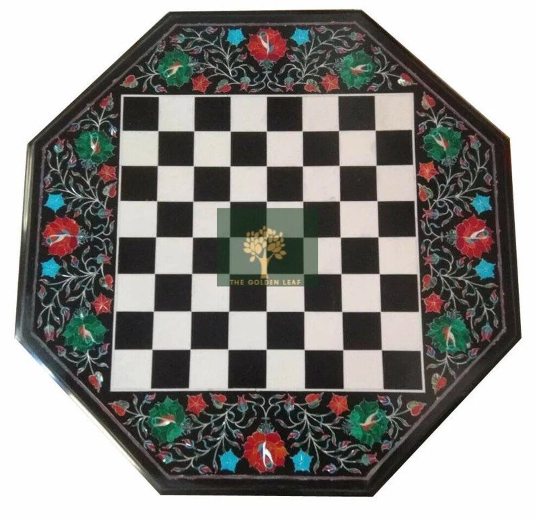 Black Marble Chess Table Top Inlay Work Semi Precious Stones Handmade ...