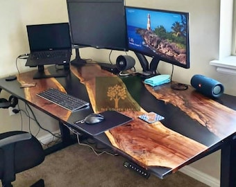 Customized Black Epoxy Computer Table Top with Stands, Epoxy Conference Table, Epoxy Office Table, Epoxy Laptop Table