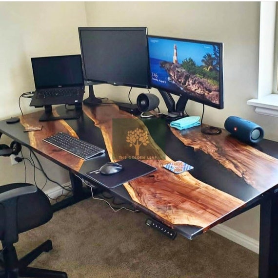 Customized Black Epoxy Computer Table Top With Stands Epoxy