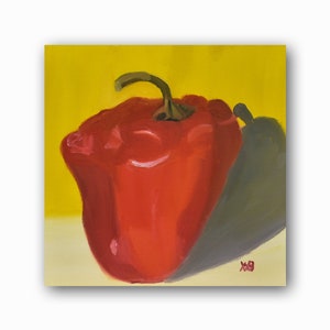 Decoración de pared, pintura al óleo original, pimiento rojo, naturaleza muerta, arte original, galería del hogar