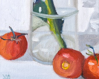 Trio de tomates rouges peinture à l'huile originale, nature morte, oeuvre d'art originale, galerie d'accueil