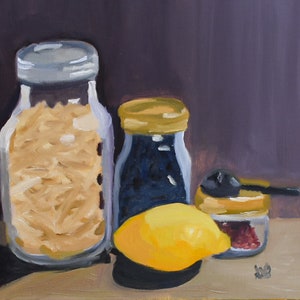 Original Oil Painting: Mason Jars and Lemon Still Life Art
