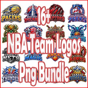 Op de afbeelding: Een verzameling van zestien NBA-teamlogo's, waaronder de Indiana Pacers, Washington Wizards, Toronto Raptors, Philadelphia 76ers, Milwaukee Bucks, Detroit Pistons, Cleveland Cavaliers, Charlotte Hornets, Brooklyn Nets, Orlando Magic, New York Knicks, Atlanta Hawks, Oklahoma City Thunder en Denver Nuggets met de tekst 16+ NBA Team Logos Png Bundle in het rood eroverheen.