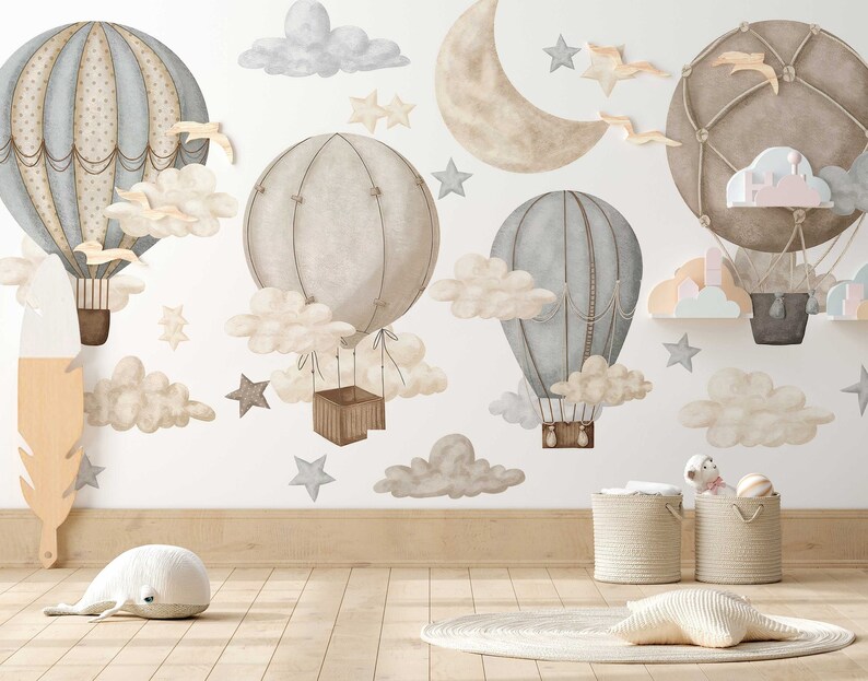 Dreamy Hot Air Balloon Wall Decals Nursery Stars Kids Room Stickers ...