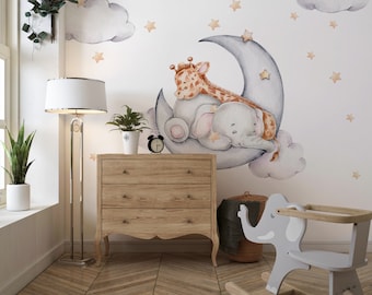 Éléphant et girafe sur la lune sticker mural chambre d'enfant autocollant mural autocollant avec étoiles croissant éléphant chambre de bébé PSD01