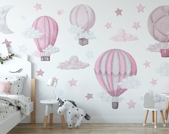 Dreamy Hot Air Balloon Wall Decals Nursery Stars Kids Room Stickers, Self-Adhesive, Renter Friendly, Removable Roll