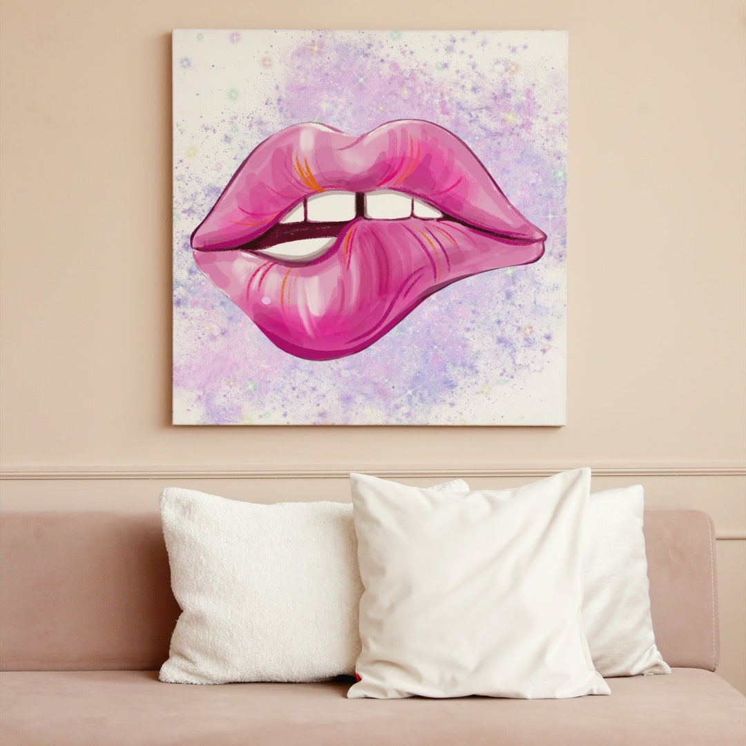 Pink Lips Wall Art, Biting Lip Home Decor Etsy