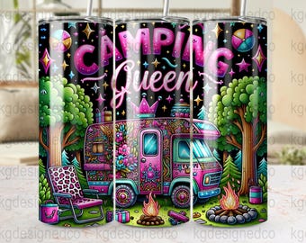 May include: A stainless steel tumbler with a colorful design featuring a camper van, trees, a campfire, and the text "Camping Queen".